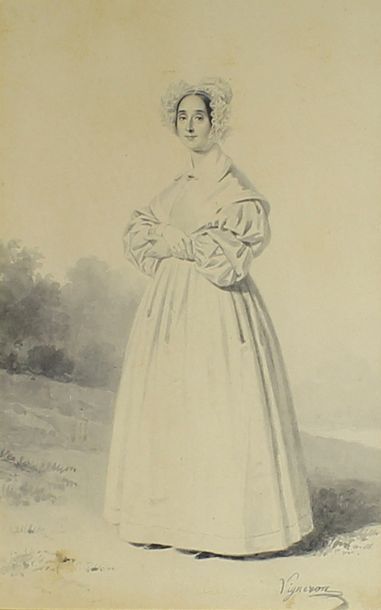 Pierre Roch VIGNERON (1789-1872) Portrait de femme au fichu.
Mine de plomb.
Signée
Vue:...