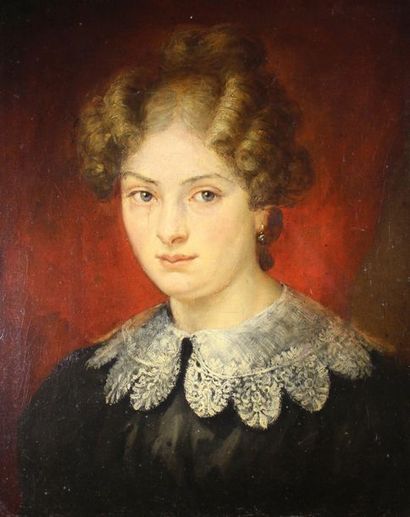 École Française du XIXe siècle Portrait de femme à la collerette.
Huile sur toile.
55...