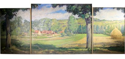 Henri Alexandre SOLLIER (1886-1966) Vue panoramique d'une vallée.
Triptyque à l'huile...