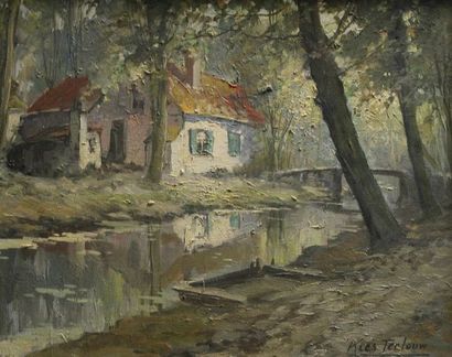 Kees TERLOUW (XXe siècle) Un canal en forêt.
Huile sur toile signée en bas à droite
38...