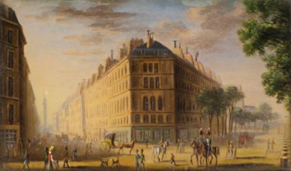 ÉCOLE FRANÇAISE VERS 1820 Vue de Paris avec la colonne Vendôme dans le fond.
Gouache...
