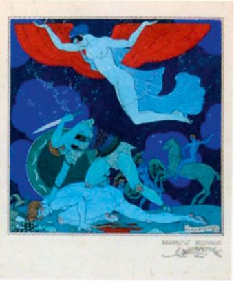 Georges BARBIER (1882-1932) Aggressus Ressurgo, 1918.
Pochoir ou gravure en couleur...