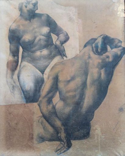 Auguste LEVEQUE (1864-1921) Etudes de nus.
Assemblage de deux fusains signé vers...