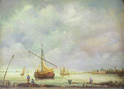 Ecole Hollandaise du XIXème siècle Pêcheurs et bateaux.
Huile sur toile signée VAN......