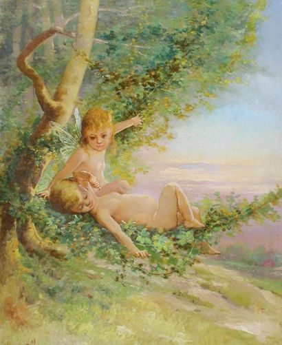 Henri BLANC-FONTAINE (1819-1897) Amours sous les arbres.
Huile sur toile signée en...