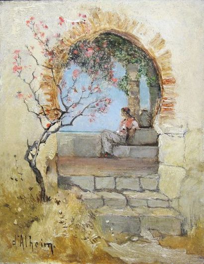 Jean D'ALHEIM (1832-1894) Femme orientale sur une terrasse ombragée.
Huile sur panneau...