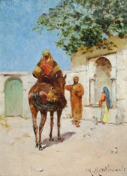 Charles MONTLEVAULT (1835-1897) Cavalier arabe devant une fontaine.
Huile sur panneau...