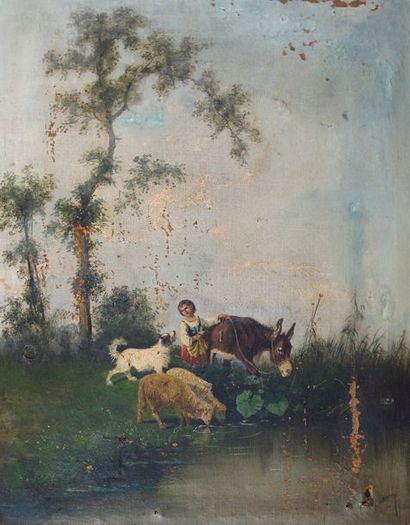 École du XIXe siècle Jeune bergère menant son troupeau.
Huile sur toile signée COLIN...