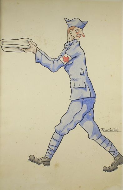 Robert DEBUT (XXe siècle) La médecine militaire.
Suite de six aquarelles signées.
46...