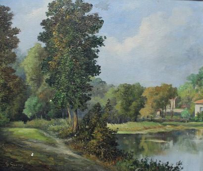 Georges GUERIN (1910-?) Au bord de l'étang.
Huile sur toile signée en bas à gauche.
47...