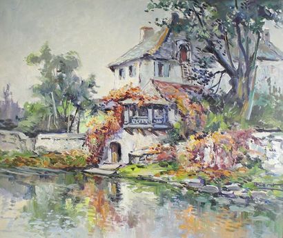 José Luis FLORIT RODERO (1909-2001) Paysage fluvial à Chantenesle près de Véteuil.
Huile...