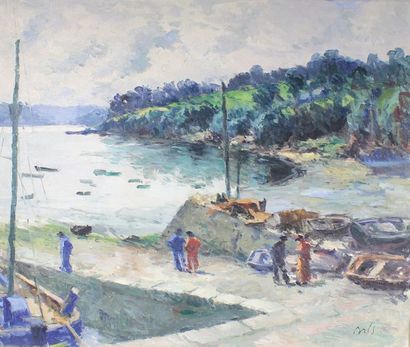 Claude BILS (1884-1968) Petit port breton.
Huile sur toile signée en bas à droite.
46...