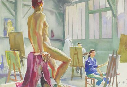 Pierre VALLET (1884-1971) L'atelier de peinture.
Aquarelle signée en bas à droite.
Vue:...