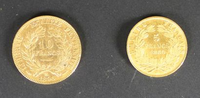 null Deux pièces en or une de 10 francs Cérès 1896 et une de 5 francs Napoléon III...