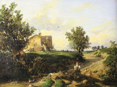 Attribué à Camille Joseph Etienne ROQUEPLAN (1800/03-1855) Paysage de ferme animée
Huile...