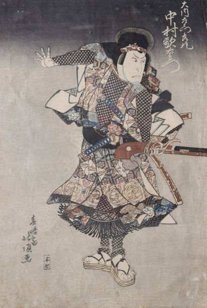 ECOLE JAPONAISE du XIXe siècle Sept estampes Oban Tate-e dont cinq représentant des...