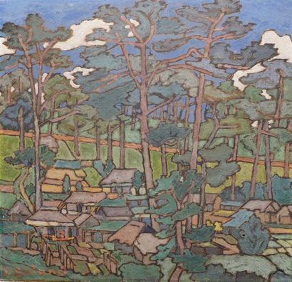 JULES GALAND (1870-1924) Forêt et village, Vietnam.
Huile sur toile signée en bas...