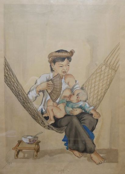ECOLE VIETNAMIENNE du XXe siècle Mère nourrissant son enfant et garçonnet portant...