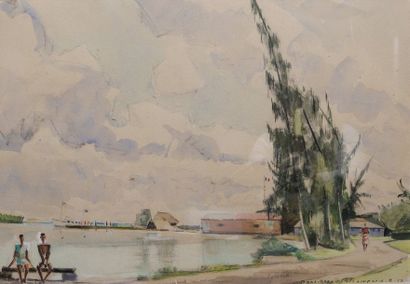 Pierre BOMPARD (1890-1962) Bora Bora, le Wharf et la vedette marine, 1957.
Aquarelle...