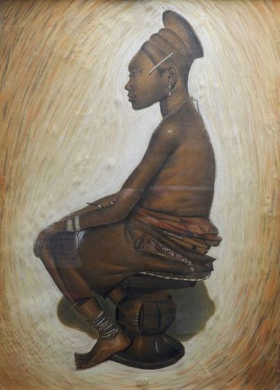 R. PIERREUX (XXe siècle) Femme mangbetu assise sur un tabouret.
Dessin à l'estompe...