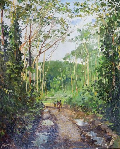 MARQUES GUILHERME D'OLIVEIRA (1887-1960) Une allée dans la forêt.
Huile sur panneau.
40...