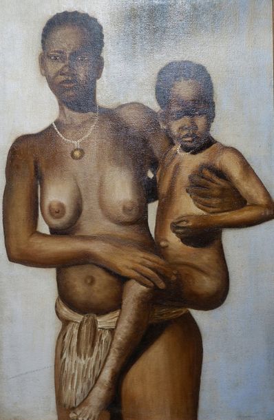 Ecole du XXe siècle. Femme africaine et son enfant.
Huile sur toile.
98 x 64 cm