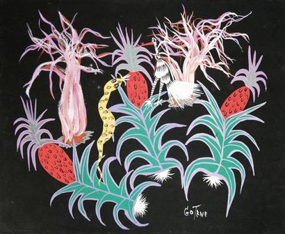 MARCEL GOTENE (1939-2013) L'oiseau et le serpent.
Gouache sur papier teinté noir...