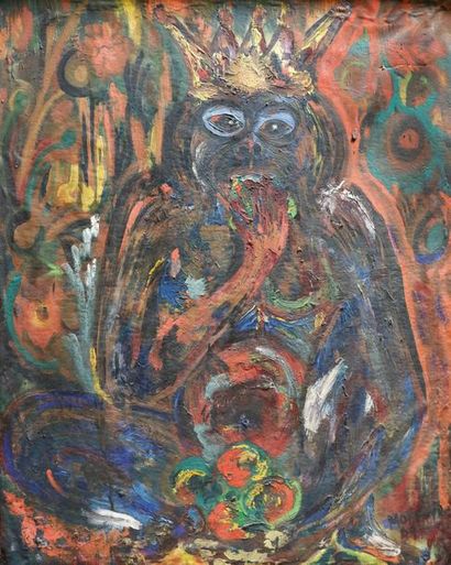 Mor FAYE (c.1947-1984) Le singe roi, 1969.
Huile sur toile signée et datée en bas...