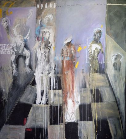 Soly Cisse (né en 1969) L'échiquier.
Technique mixte sur toile.
151 x 150 cm