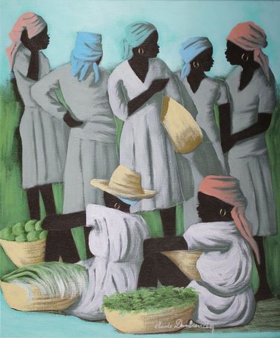 Claude DAMBREVILLE (né en 1934) Scène de marché à Haïti.
Huile sur toile signée en...