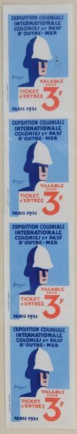 BELLENGER et LAPINA Quatre tickets d'entrée pour l'exposition coloniale de 1931 imprimés...