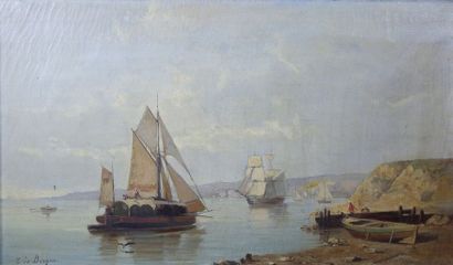 Tony François DE BERGUE (1820-1890) Voiliers le long des côtes.
Huile sur toile signée...