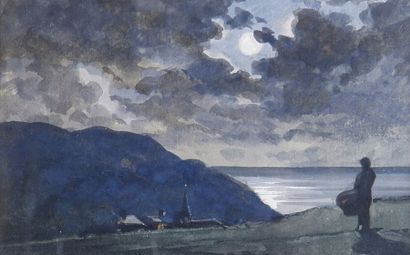 Ecole de l'Europe de l'Est. Promeneur sur la falaise au crépuscule.
Aquarelle. Au...