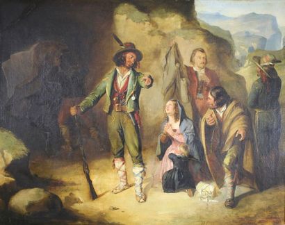 Entourage de Léopold ROBERT (1794-1835) Les brigands et les voyageurs.
Huile sur...