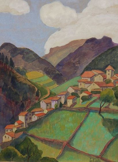 Léa LAFUGIE (1890- 1972) Village de Savoie, 1924.
Gouache sur carton signé en bas...