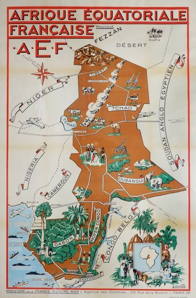 Léo CRASTE (1887- 1970) Affiche «Afrique équatoriale Française», vers 1950, carte...