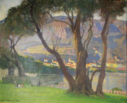 Louis Marie DESIRE-LUCAS (1869-1949) Vue sur un village provençal à travers les arbres,...