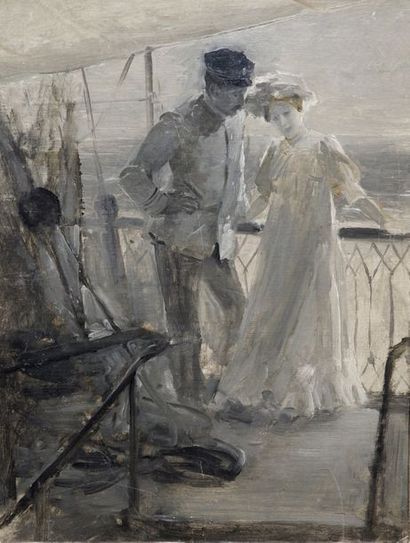 Henry BACON (1839-1912) Sur la passerelle.
Huile sur carton.
35 x 25 cm