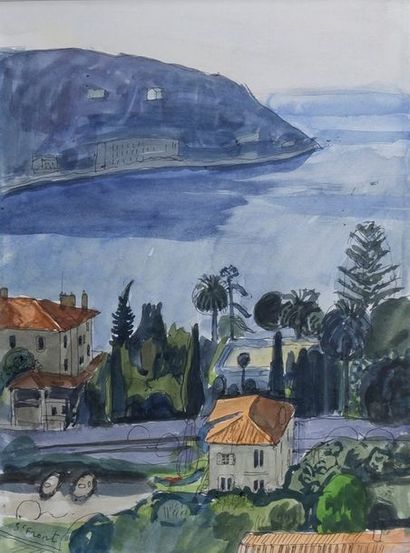 Yves DE SAINT-FRONT (1928-2011) Sur la côte d'Azur.
Aquarelle signée en bas à gauche.
Vue:...
