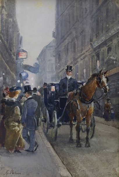 Anna PALM DE ROSA (1859-1924) La calèche parisienne
Aquarelle signée en bas à gauche.
Vue:...