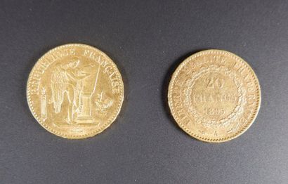 null Deux pièces en or de vingt Francs Génie de la Liberté, 1875 et 1895.