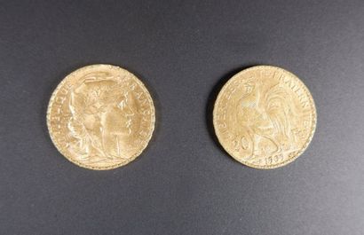 null Deux pièces en or de vingt Francs Coq de Chaplain, 1909.