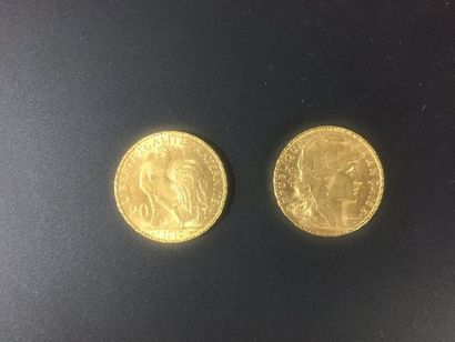 null Deux pièces en or de vingt Francs Coq de Chaplain, 1902 et 1912.