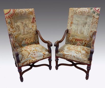null Paire de fauteuils Garniture de tapisserie au point à décors tirés de la Genèse.
Style...