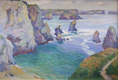 Mary PIRIOU (1881-1956) «Baie de Goulphar après la tempête - Belle-Ile».
Huile sur...