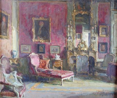 Paul Jean HUGUES (1891-1950) Le salon rose.
Huile sur toile signée en bas à droite.
46,5...