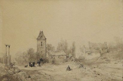 Justin Pierre OUVRIÉ (1806-1879) Le hameau.
Encre brune signée en bas à droite.
Vue:...