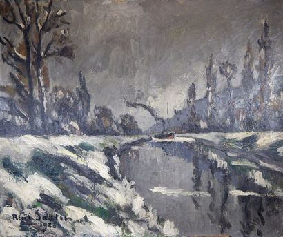 René SAUTIN (1881-1968) Effet de neige sur la Risle maritime, 1928.
Huile sur toile...