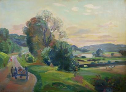 André PLANSON (1898-1981) La charette au coucher du soleil.
Huile sur toile signée...