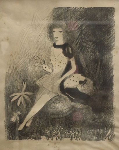 Marie LAURENCIN (1883-1956) Jeune femme à la fleur.
Lithographie en noir et blanc...